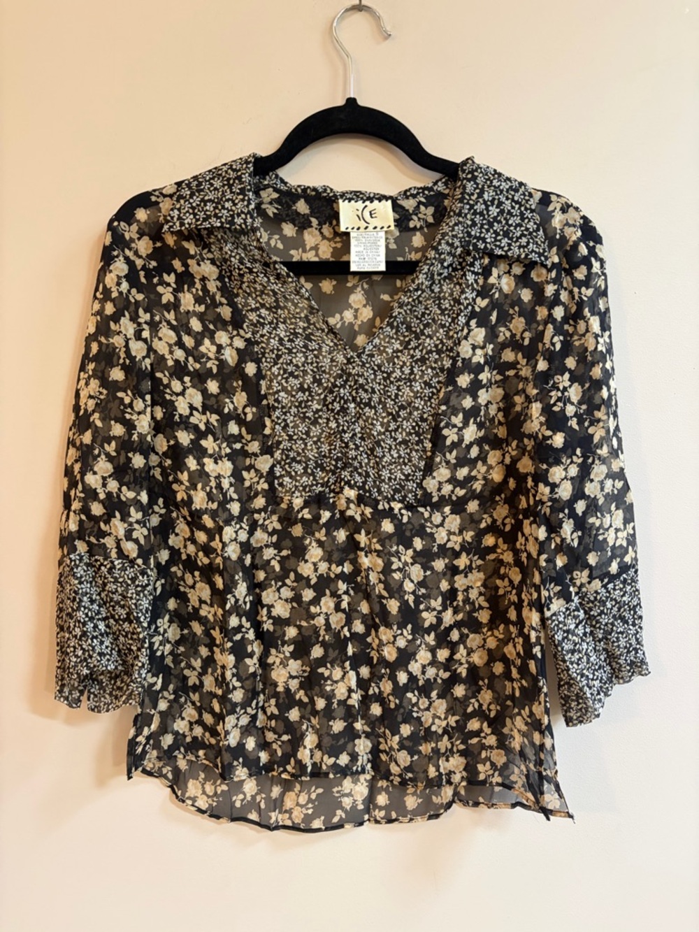 ICE Y2K Vintage Silk V-Neck Sheer Floral See Through Shirt Top Blouse Boho
